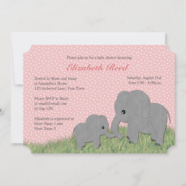 Mum and Baby Elephant Pink Baby Shower Invitation (Front)
