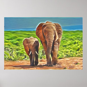 Mum and Baby Elephant Poster