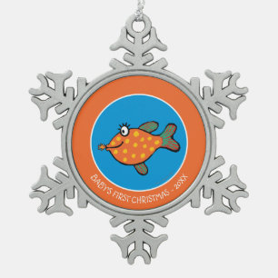 Mum and Baby Fish Kisses Snowflake Pewter Christmas Ornament