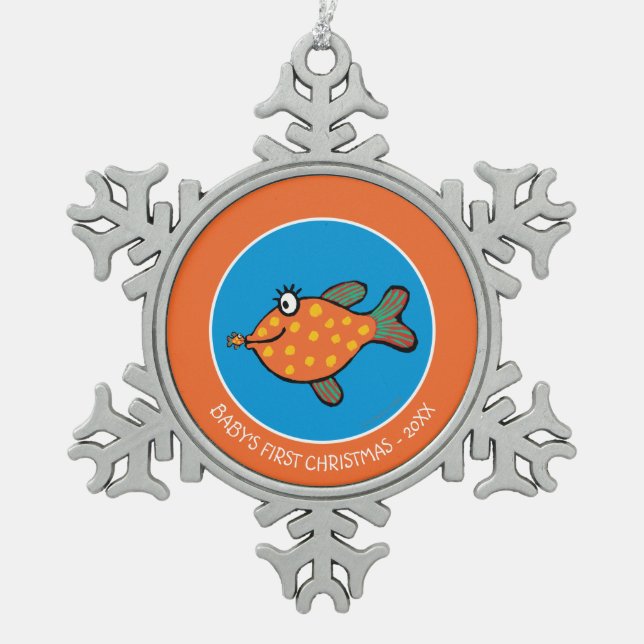 Mum and Baby Fish Kisses Snowflake Pewter Christmas Ornament (Front)