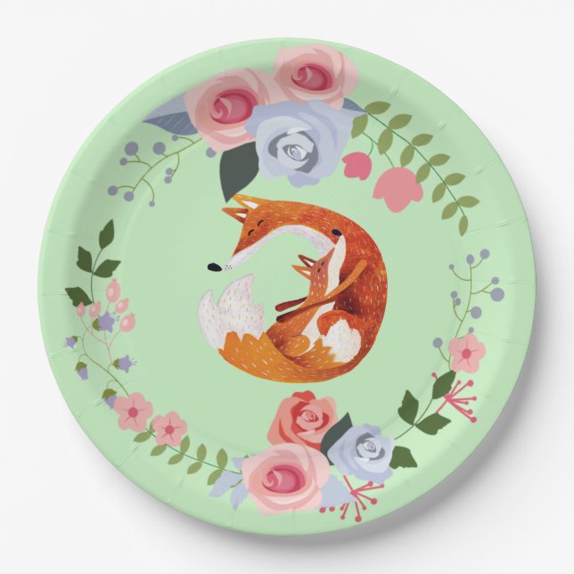 Mum And Baby Fox Baby Shower Paper Plate (Front)