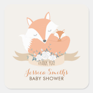 Mum and Baby Fox Baby Shower Square Sticker