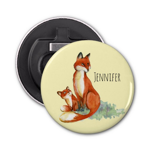 Mum and Baby Fox Cute Watercolor Illustration Bottle Opener (Front)