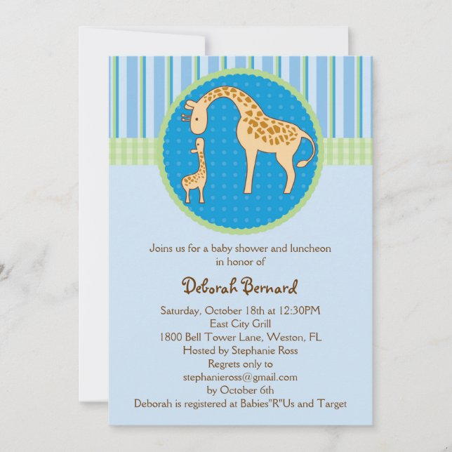 Mum and Baby Giraffe Baby Boy Shower Invitation (Front)