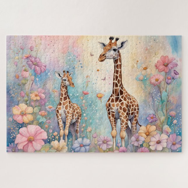 Mum and Baby Giraffe In a Pastel Garden Jigsaw Puzzle (Horizontal)