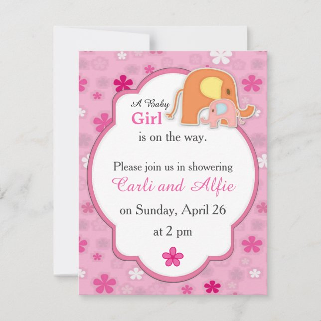 Mum and Baby Girl Elephant Shower Invitation (Front)