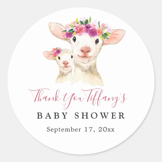 Mum And Baby Lamb Floral Thank You Baby Shower Classic Round Sticker (Front)