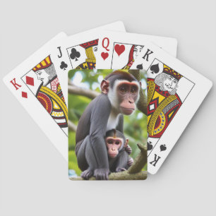 Mum and baby monkeys on a tree playing cards