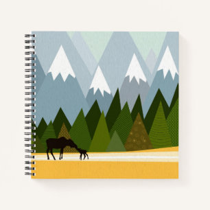Mum and baby moose silhouette mountain tops notebook