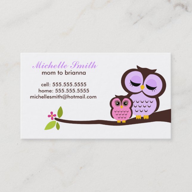Mum and Baby Owl Kids Playdate Calling Cards (Front)