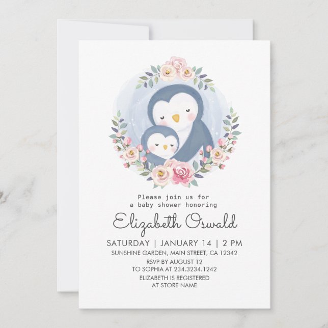 Mum And Baby Penguin Floral Baby Shower Invitation (Front)