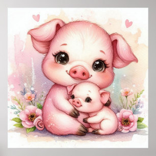 Mum and Baby Pig Poster