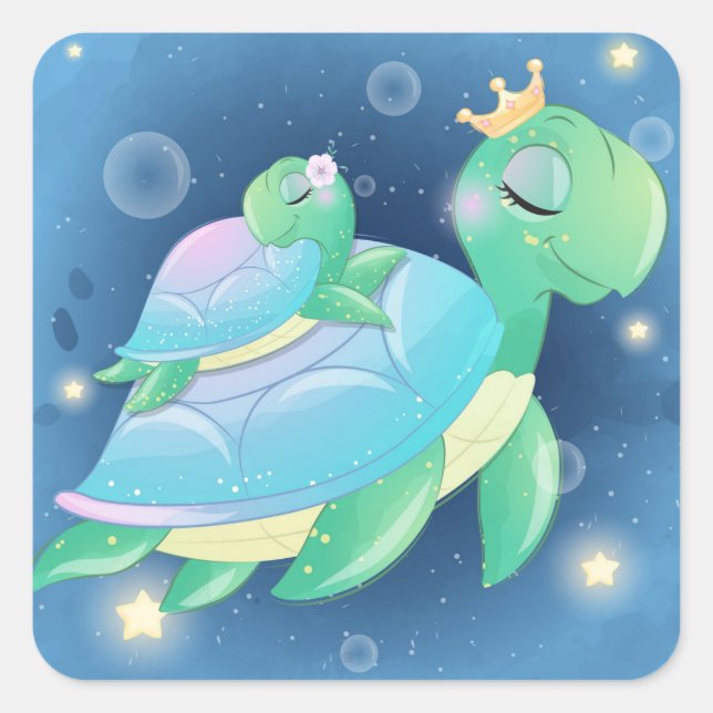 Mum And Baby Sea Turtle Square Sticker (Front)