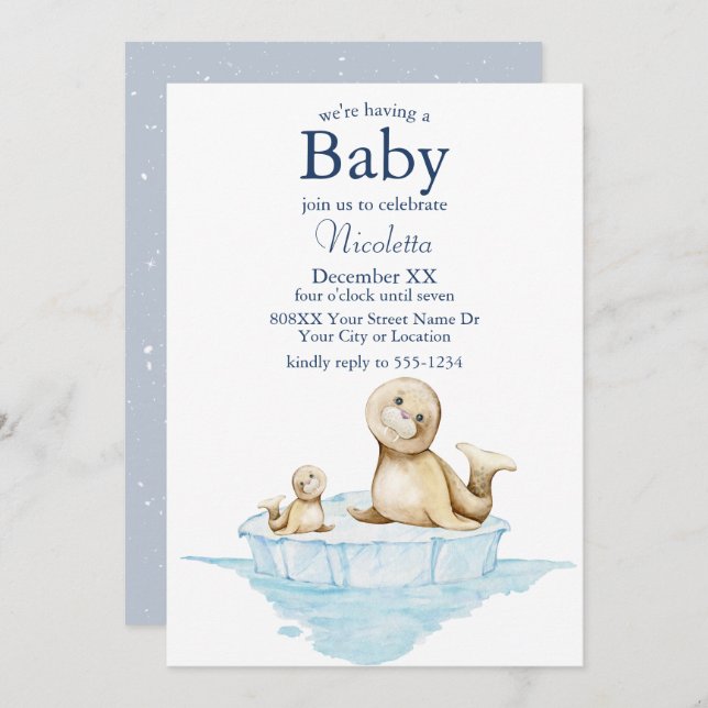 Mum and Baby Seal Pup on Ice Invitation (Front/Back)