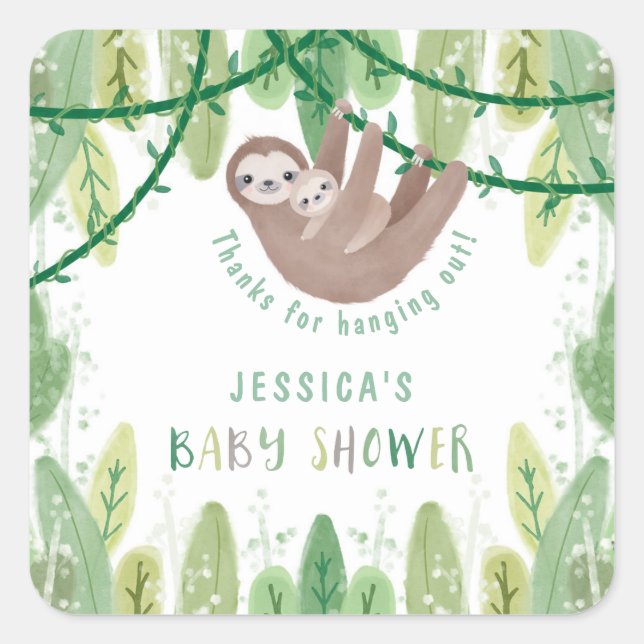 Mum and baby sloth baby shower thank you square sticker (Front)