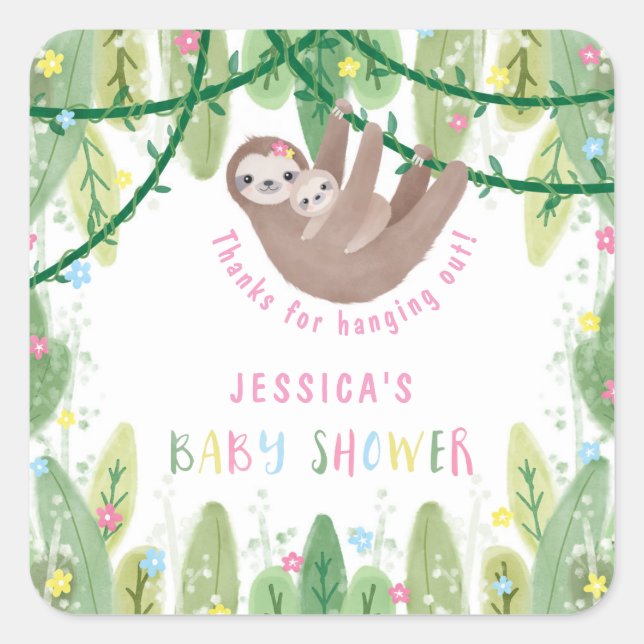 Mum and baby sloth baby shower thank you square sticker (Front)