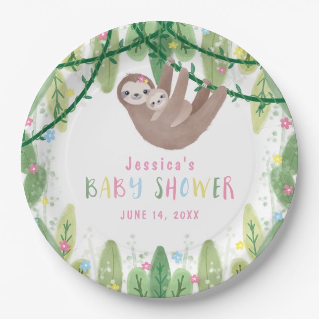 Mum and baby sloth girl baby shower paper plate (Front)