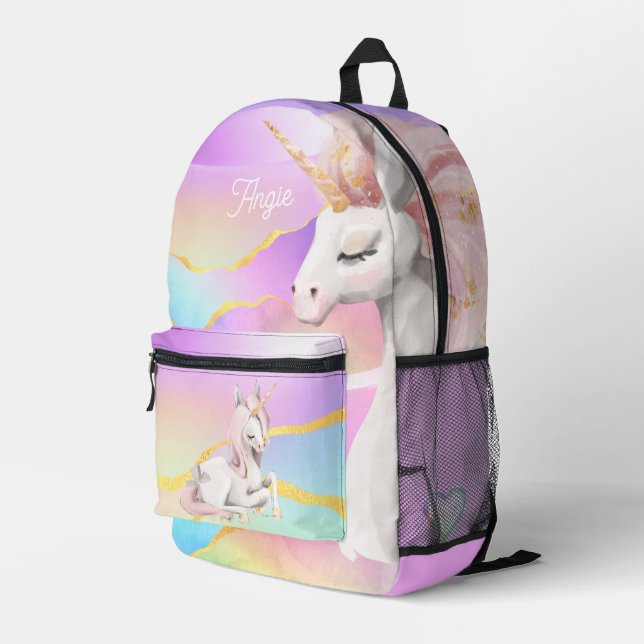 Mum and Baby Unicorn over the rainbow custom name Printed Backpack (Back Corner Right)