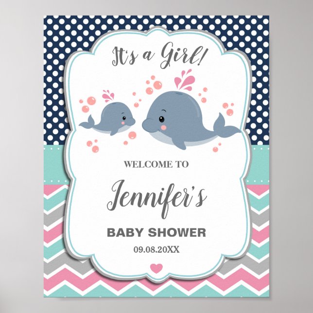 Mum and Baby Whales Baby Shower Nautical Welcome Poster (Front)