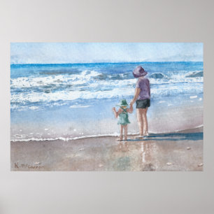 Mum and Child Seaside Waves Watercolor Poster