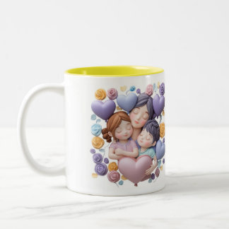 Mum and Chilren - 3D Ceramic Art Pastel Two-Tone Coffee Mug