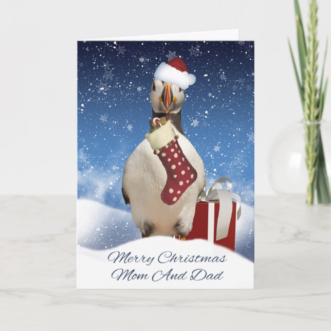 Mum And Dad Christmas Puffin Card With Stocking An (Front)