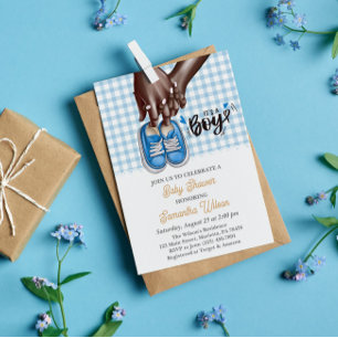 Mum and Dad Holding Blue Shoes Baby Shower Invitation