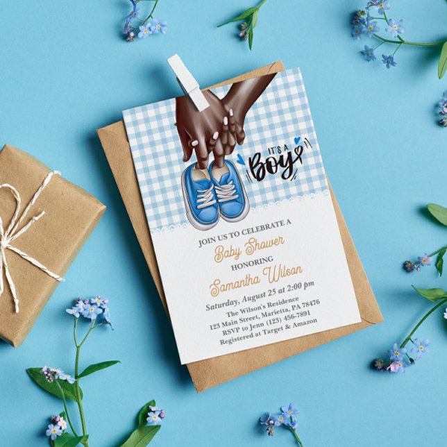 Mum and Dad Holding Blue Shoes Baby Shower Invitation (Creator Uploaded)