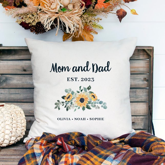 Mum and Dad | Rustic Sunflower and Names Cushion (A pretty, rustic pillow keepsake for your mom and dad)
