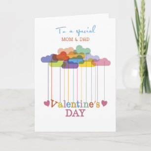 Mum and Dad Valentine Rainbow Clouds and Hearts Holiday Card