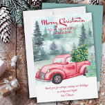 Mum and Dad Vintage Red Truck and Christmas Tree Holiday Card<br><div class="desc">Merry Christmas Mum and Dad personalised holiday card with traditional watercolor design with vintage red truck and christmas tree,  set in a misty forest. Merry Christmas is lettered in festive calligraphy and the template is ready for you to personalise the rest of the wording as you wish.</div>