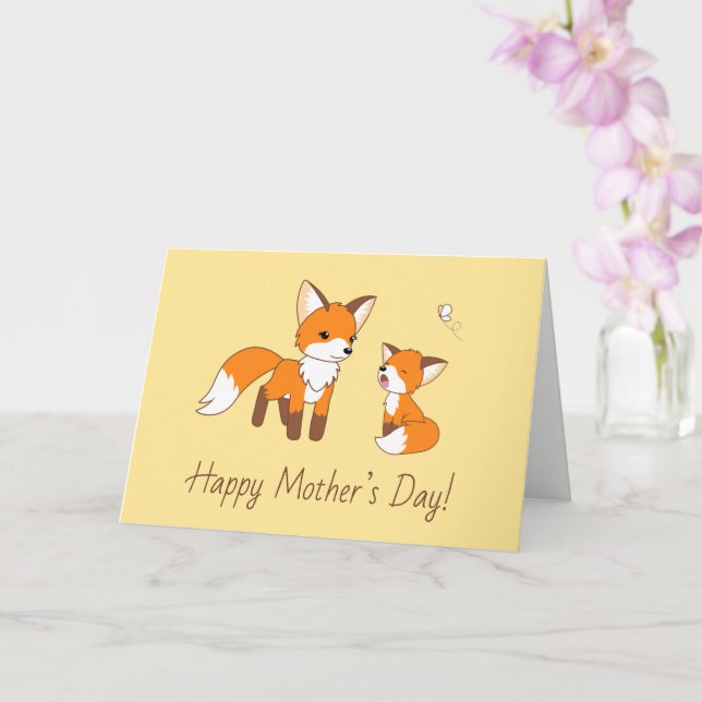 Mum and Kit Fox Mother’s Day Yellow Blank Card (Orchid)