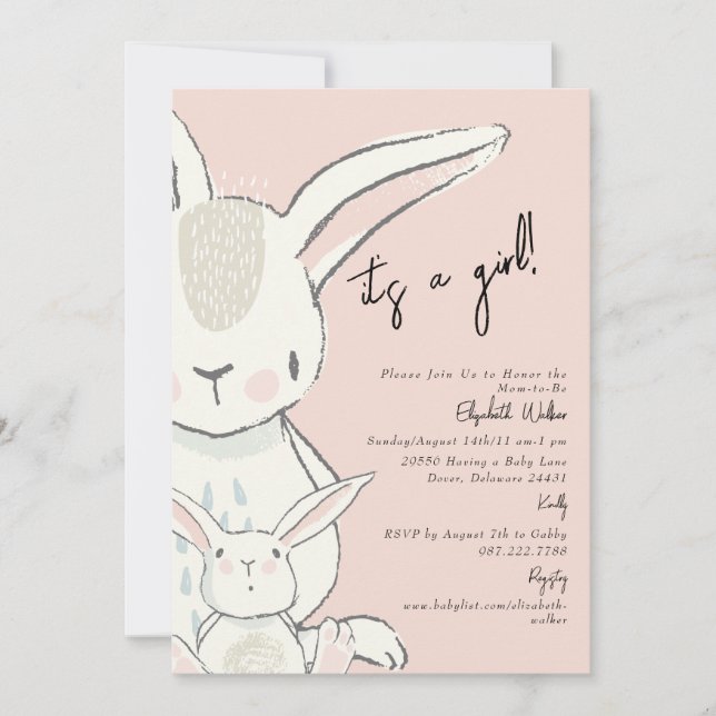 Mum and Me Rabbit Pink Baby Shower  Invitation (Front)