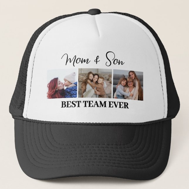 Mum and Son Best Team Ever Custom 3 Photos Trucker Hat (Front)
