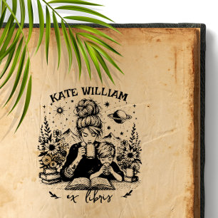 Mum and son with book Custom ex libris Self-inking Stamp