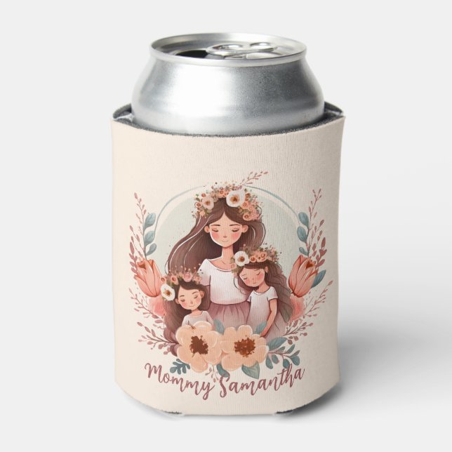 Mum and Two Daughters in Floral Frame Can Cooler (Can Front)
