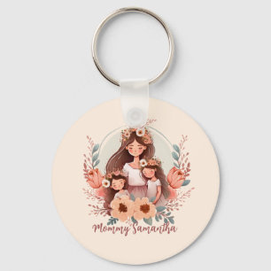 Mum and Two Daughters in Floral Frame Key Ring
