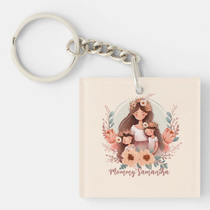 Mum and Two Daughters in Floral Frame Key Ring