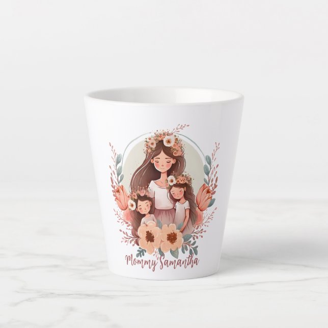 Mum and Two Daughters in Floral Frame Latte Mug (Front)