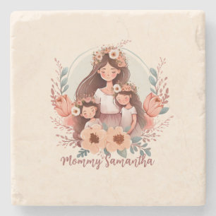 Mum and Two Daughters in Floral Frame Stone Coaster