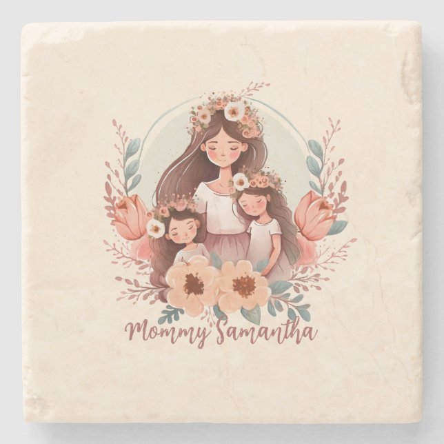 Mum and Two Daughters in Floral Frame Stone Coaster (Front)