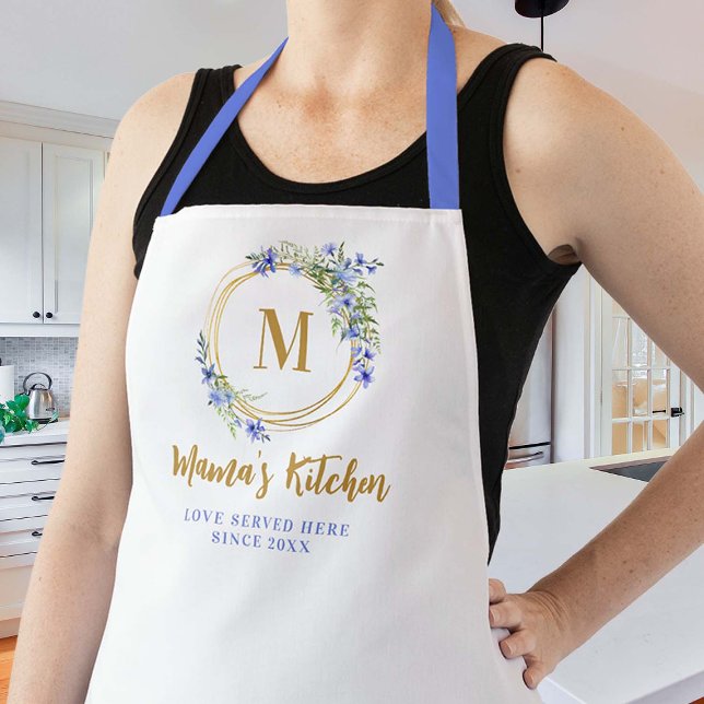 Mum Apron Blue Meadow Wildflowers Gold Monogram (mom apron blue gold personalized christmas gift wildflowers wreath elegant pretty cute chic cooking )