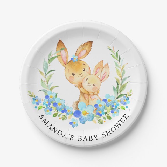 Mum & Baby Bunny Boys Baby Shower 7" Plate (Front)
