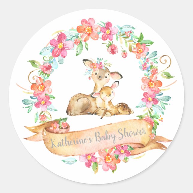 Mum Baby Deer Floral Wreath Spring Shower Woodland Classic Round Sticker (Front)