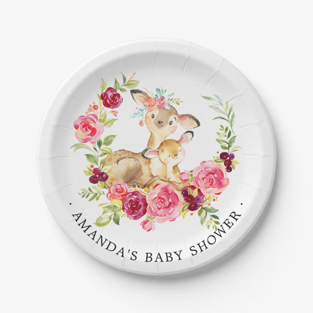 Mum & Baby Deer Girls Baby Shower 7" Plate (Front)