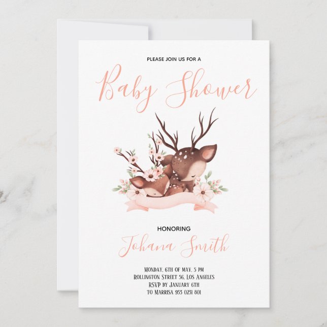 Mum Baby Deer Pink Baby Shower Invitation (Front)