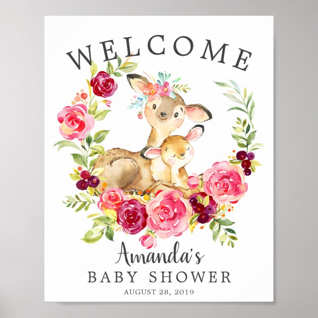 Mum & Baby Deer Welcome Baby Shower Poster (Front)