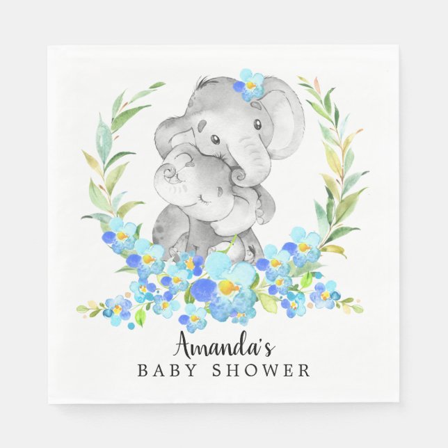 Mum & Baby Elephant Boys Shower Paper Napkins (Front)