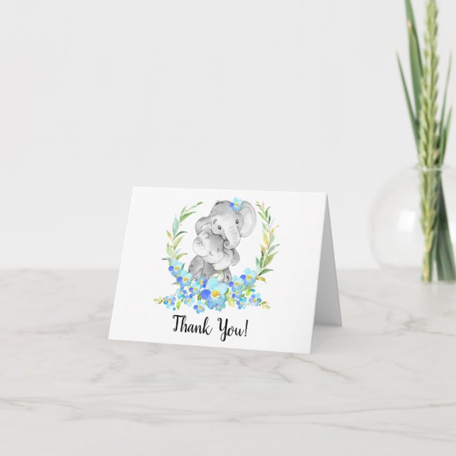 Mum & Baby Elephant Boys Shower Thank You Note Card (Front)