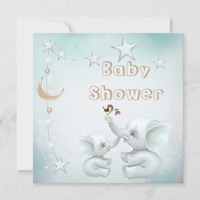 Mum & Baby Elephant, Moon & Stars Baby Shower Invitation (Front)
